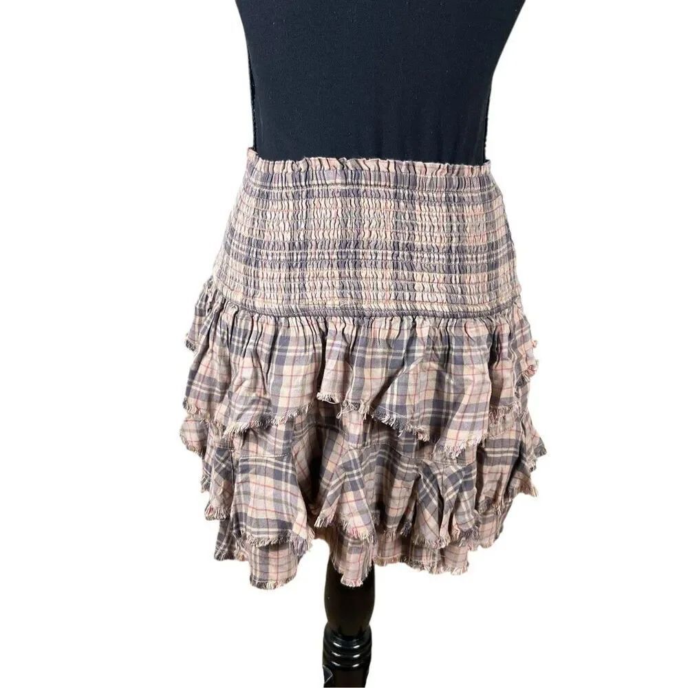 Free People XS Y2K Smocked Plaid Layered Raw Edge Mini Skirt boho Lagenlook - Picture 3 of 5